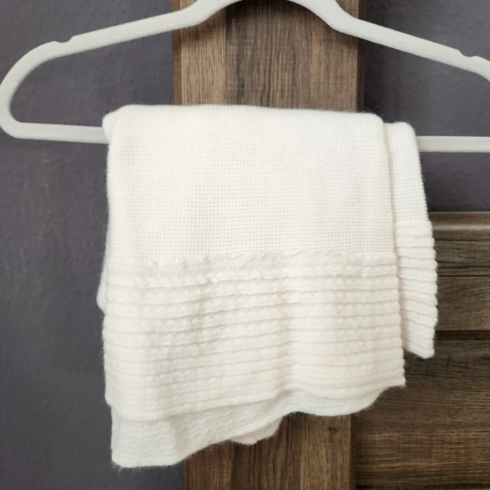 Vintage Acrylic Pink Stripe White Baby Blanket‎ Waffle Knit W.P.L (33x33
